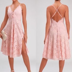 Lulus Dress Blush Baby Pink Lace Up Overlay Midi Halter Tie Up Front A-Line